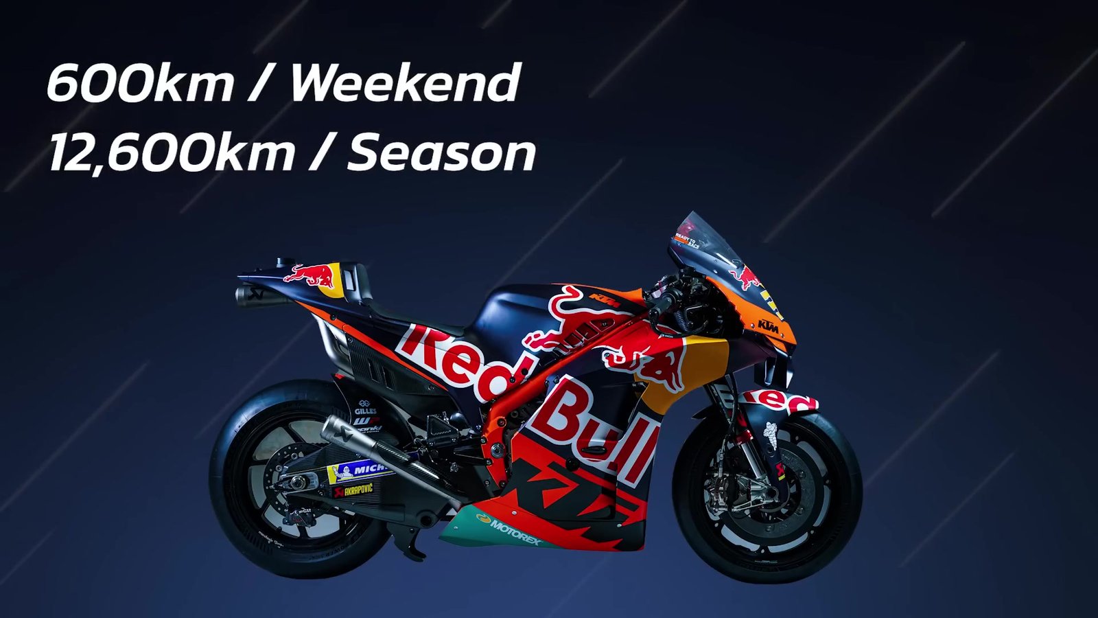 Side angle view of a Moto GP bike emphasizing the advanced tire technology and grip.